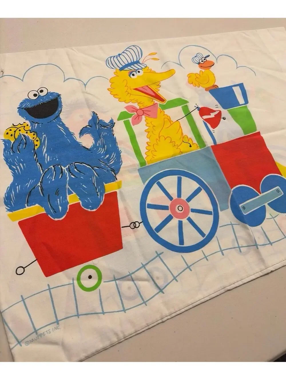 Vintage 80s Sesame Street Big Bird Cookie Monster Bert Ernie Train Pillowcase